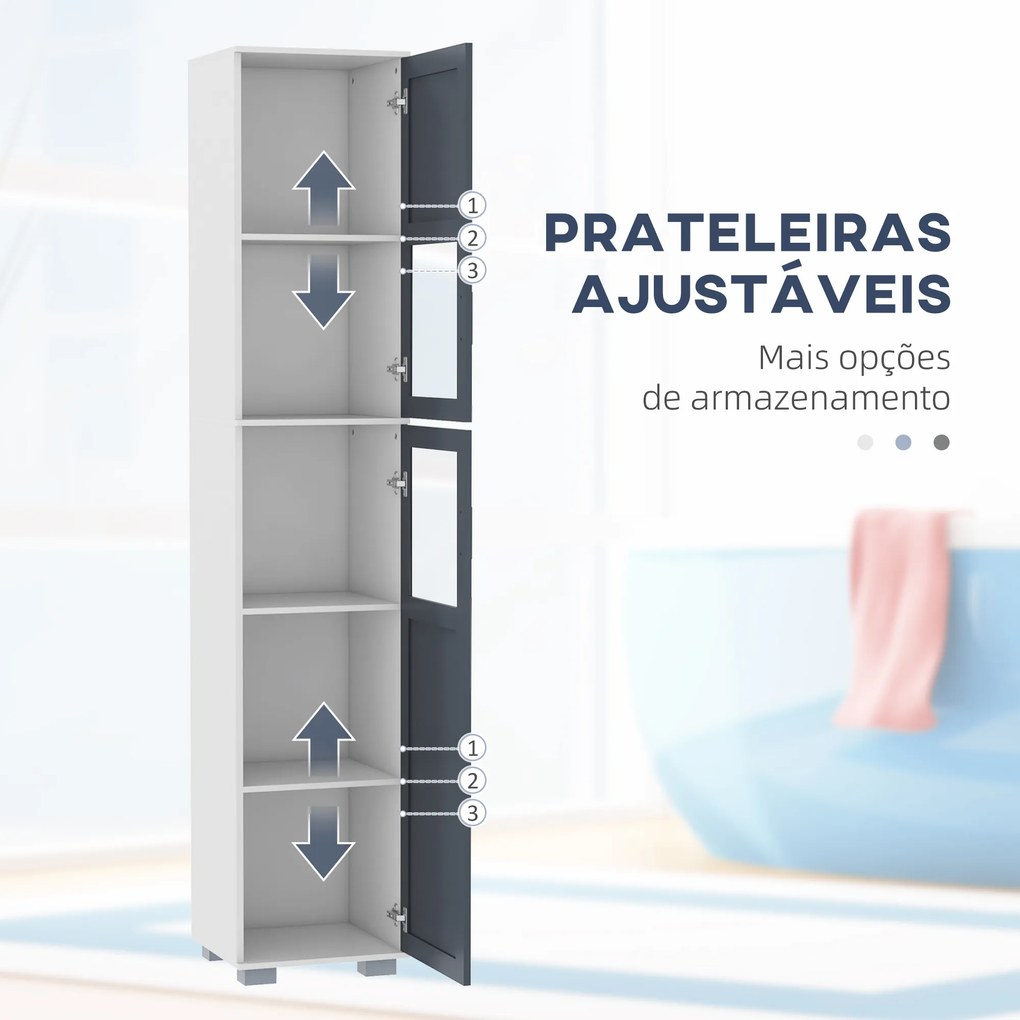 Coluna Casa de Banho com 2 Portas com Vidro Temperado e Prateleiras Ajustáveis 37x35x190 cm Branco e Cinza
