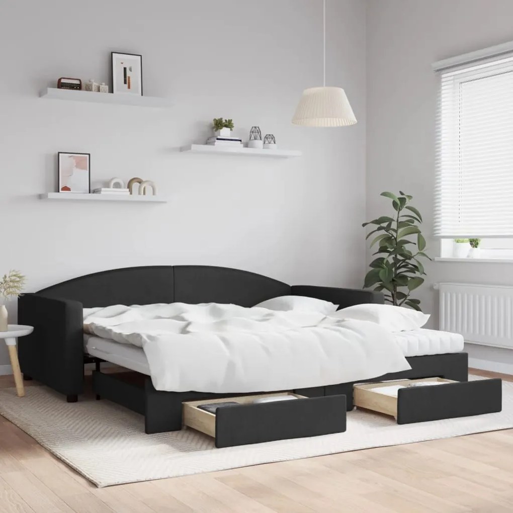 Sofá-cama com gavetão e gavetas 100x200 cm tecido preto