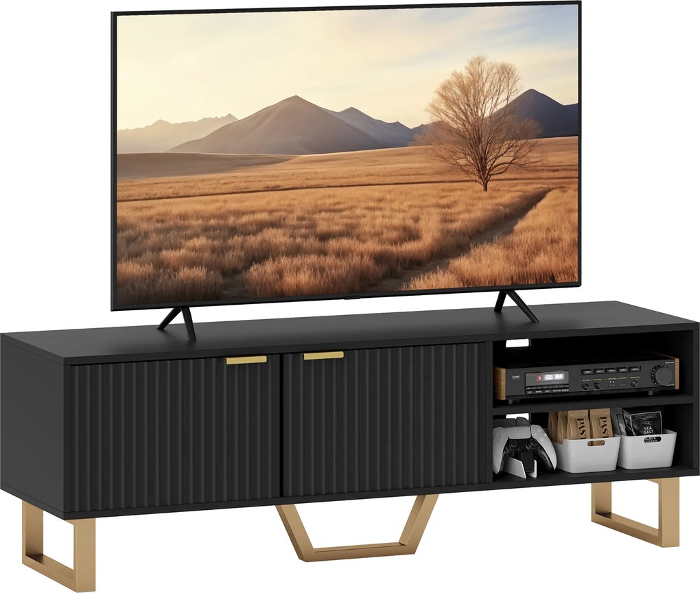 Móvel de TV 140 x 39 x 47 cm para televisores até 70 polegadas – armário com 2 portas caneladas, compartimento aberto preto