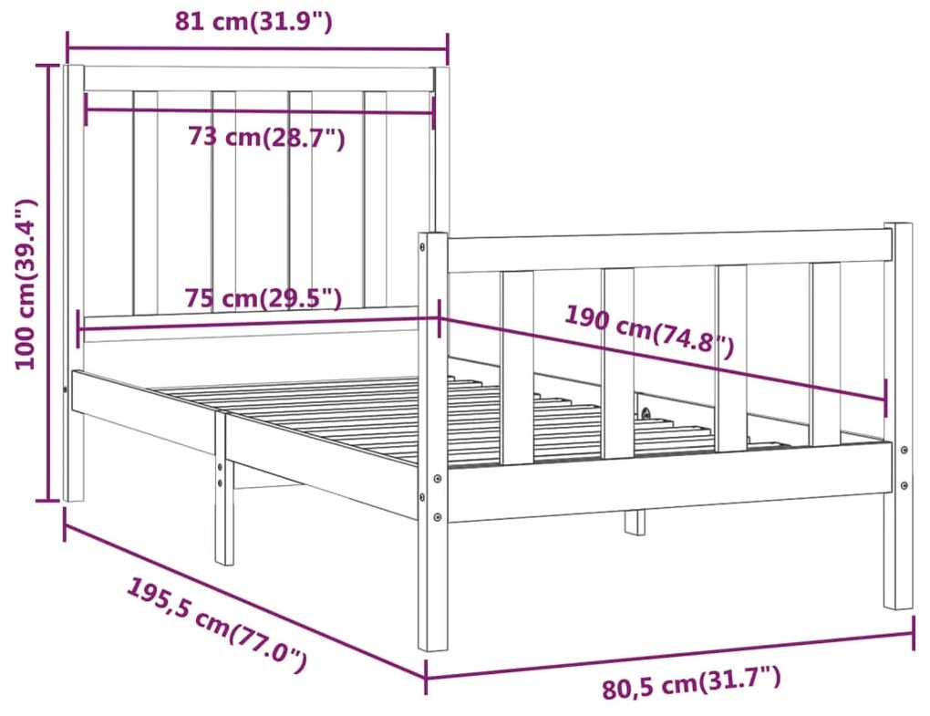 Estrutura cama pequena solteiro 75x190 cm madeira maciça branco