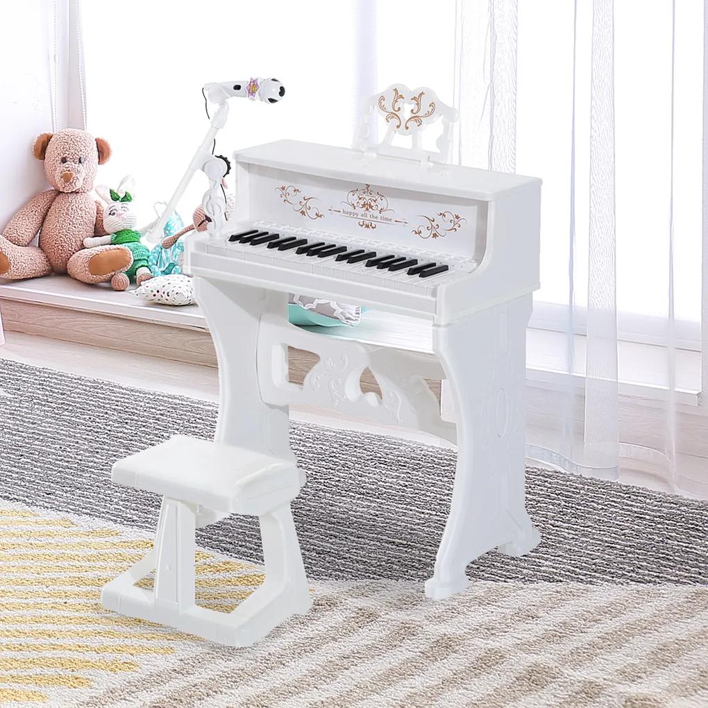 HOMCOM Piano Elétrico Infantil de 37 Teclas Conjunto de Piano com Microfone Banco Luzes e 22 Canções USB/MP3/Bluetooth Karaokê 53,5x27x63cm Branco