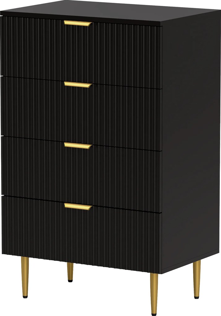 Cómoda de 4 gavetas 60 x 40 x 96 cm, móvel de arrumação moderno para quarto com puxadores e pés dourados, preto