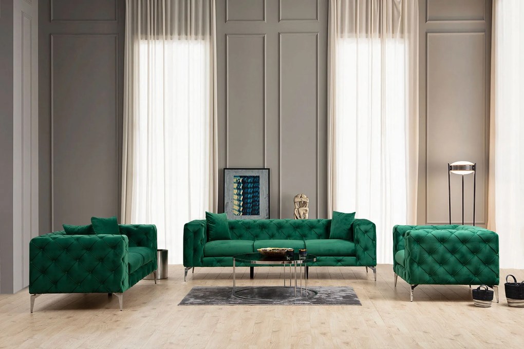 Sofá de 3 Lugares com Pernas em Metal Cromado – Francisca – Verde – 23