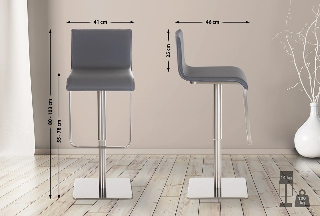 Banco de bar Limon em couro sintético 39 x 80-103 x 46 cm Cinzento