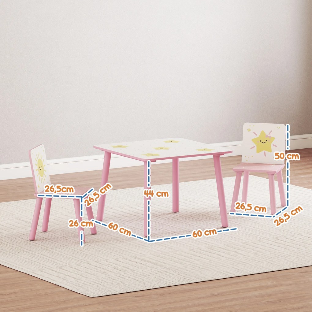 Mesa e Cadeiras para Crianças de 3 Peças Mesa Infantil com 2 Cadeiras em Madeira com Desenhos de Estrelas e Sol Rosa
