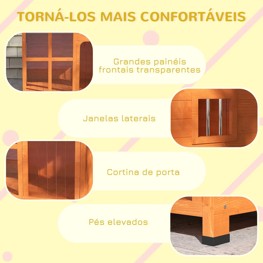 Casota para Cães de Exterior para Cães Pequenos Médios com Teto Asfáltico 2 Janelas Porta com Cortina Transparente e Base Amovível 90x62x71 cm Madeira