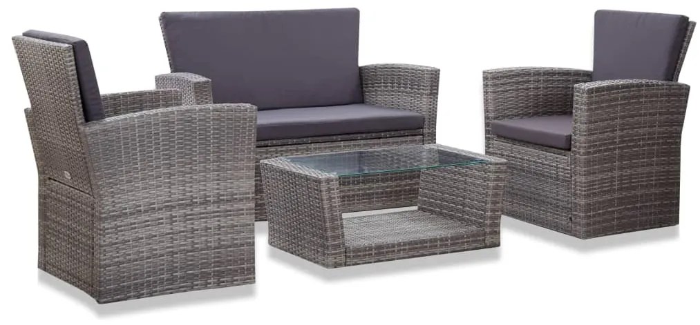 4 pcs conjunto lounge de jardim c/ almofadões vime PE cinzento