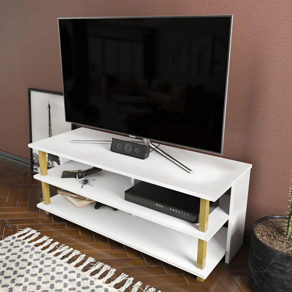 Móvel TV Pueblo – Ouro e Branco – 120 cm x 44,6 cm x 47,4 cm