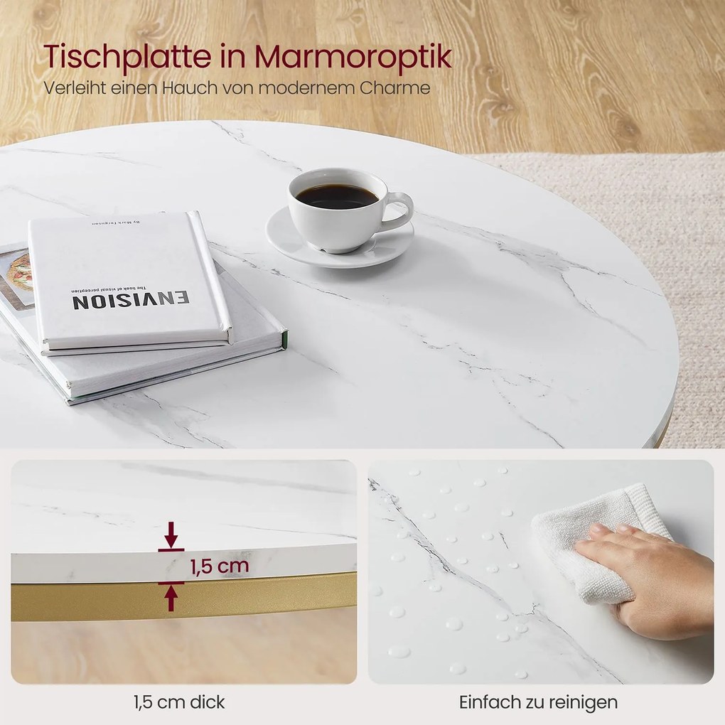 Mesa de centro com tampo de vidro moderna 80 x 46 cm (Ø x H) imitação mármore Branco + dourado claro