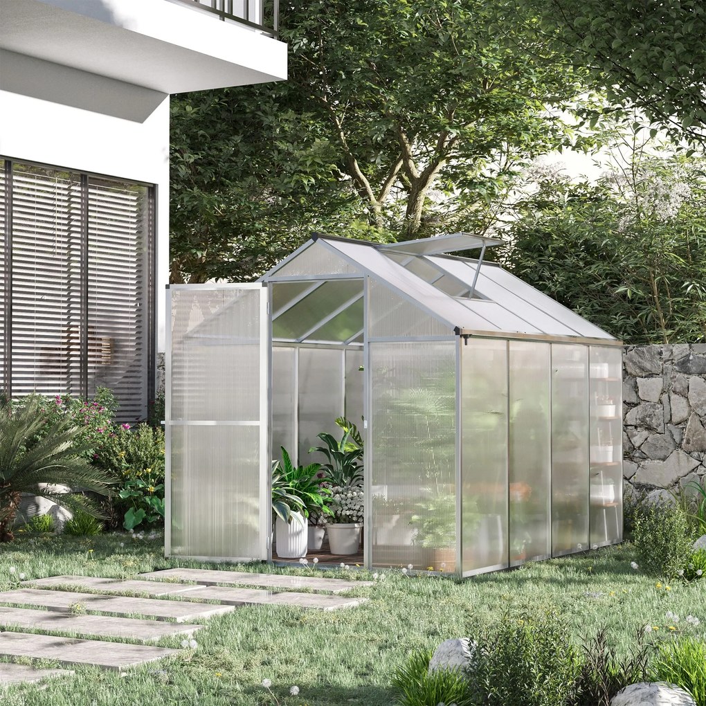 Estufa de jardim em alumínio e policarbonato, 4,6 m², dimensões: 2,42 m (L) x 1,9 m (P) x 1,95 m (A), claraboia, porta com fecho cinzento, transparent