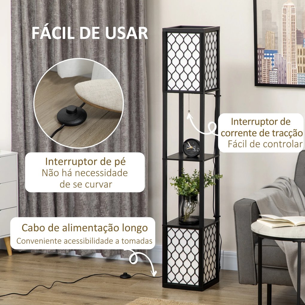 Candeeiro de Pé de Madeira com Estantes Lâmpada E27 Máx. 40W com Interruptor 26x26x156cm Preto e Branco