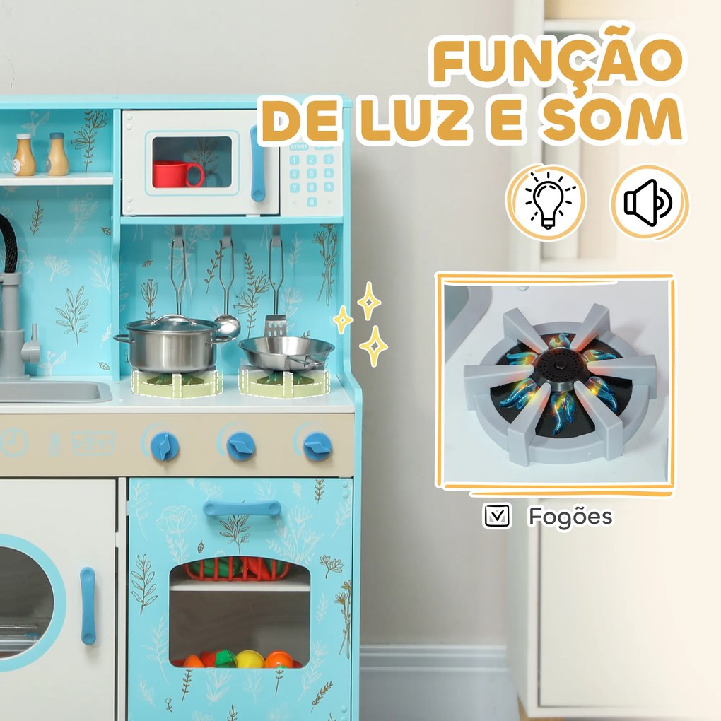 Cozinha de Madeira para Crianças com Sons Fogão Forno Micro-Ondas Máquina de Gelo e Acessórios 90x33,3x91,6 cm Azul