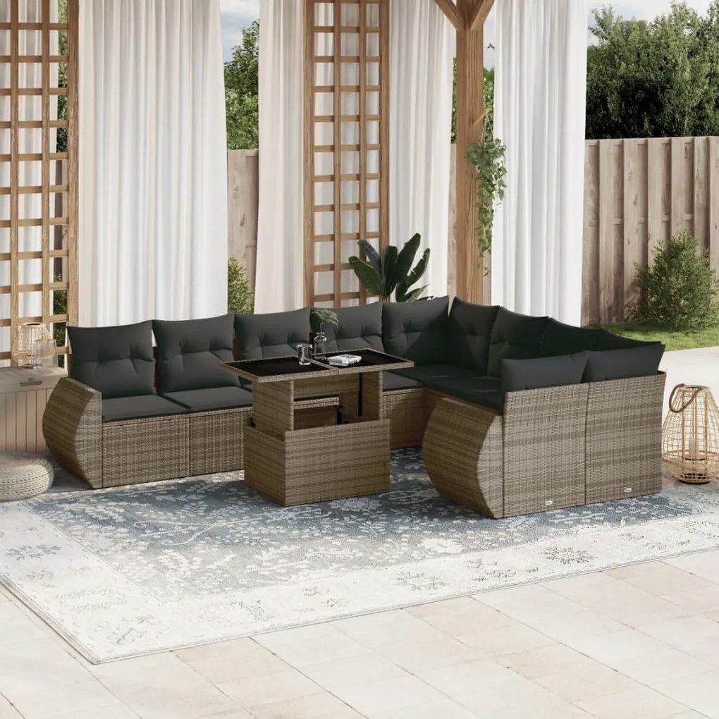 10 pcs conjunto sofás de jardim c/ almofadões vime PE cinzento