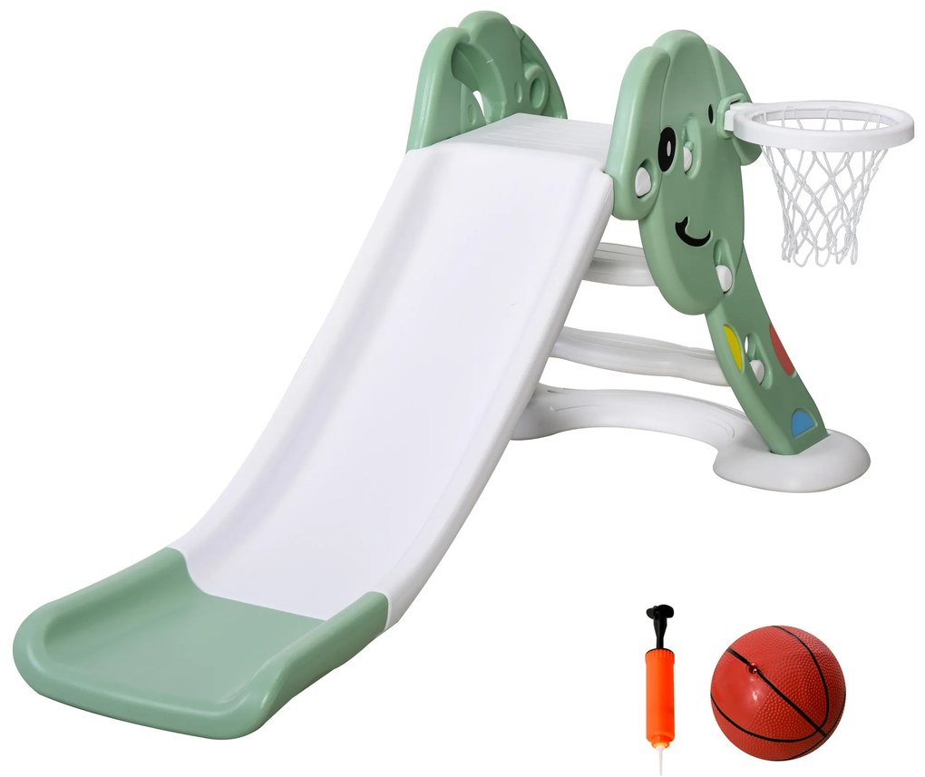 Escorrega infantil para crianças acima de 2 anos com cesta de basquete Interior e exterior carga 25 kg Acessórios incluídos 160x35x68 cm Verde e
