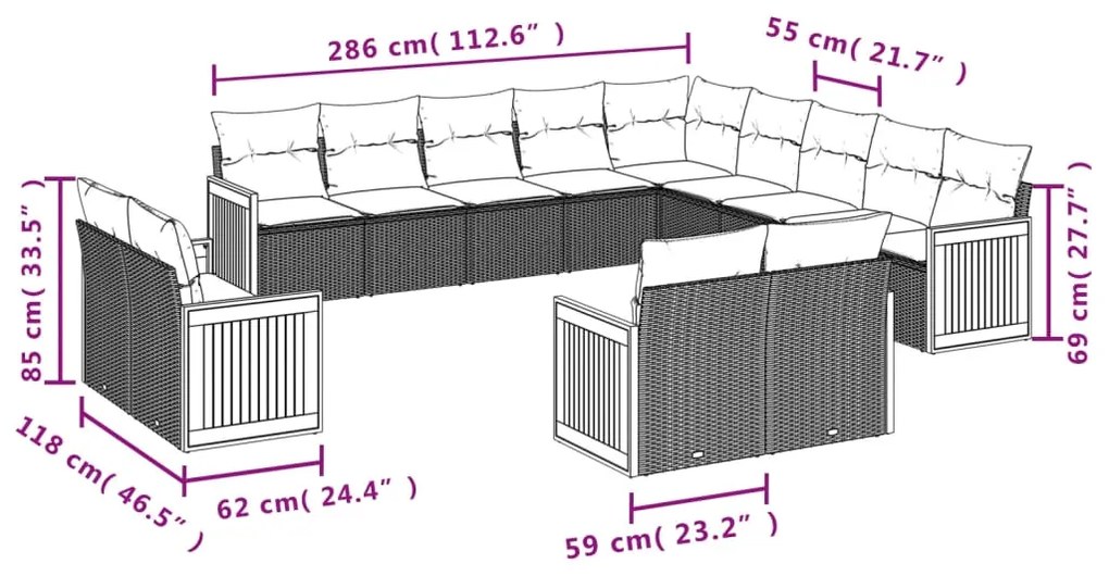 13 pcs conjunto sofás p/ jardim c/ almofadões vime PE cinzento