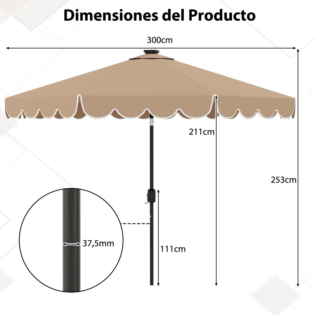 Guarda-sol de pátio de 300 cm com 24 luzes LED, parte superior ventilada, folhos e ajuste de inclinação, café
