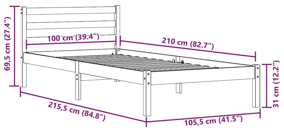 Cama com Cabeceira vidaXL 100x210 cm Madeira de Pinho Sólida