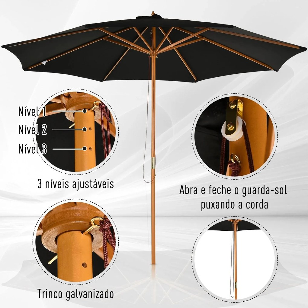 Chapéu de Sol de Jardim Ø300x250cm com Sistema de Polia Teto Ventilado e Mastro Desmontável de Madeira para Terraço Pátio Exterior Preto