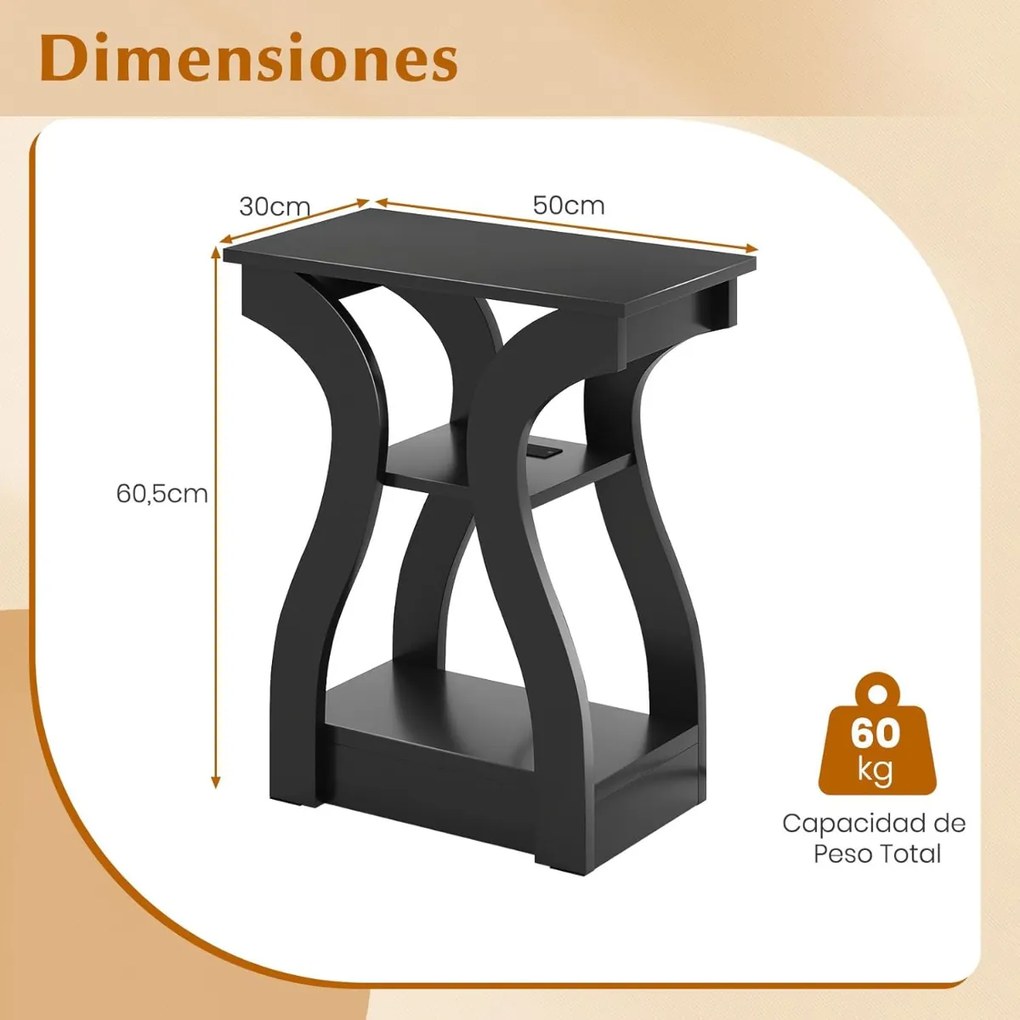 Conjunto de 2 mesas cabeçeira, ou mesas de apoio 50 x 30 x 60,5 cm com estação de carregamento de 3 níveis com prateleiras abertas e portas USB com to