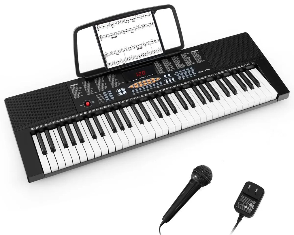 Teclado eletrónico de 61 teclas com 300 ritmos 3 modos de ensino Teclado com ecrã LED Microfone duplo