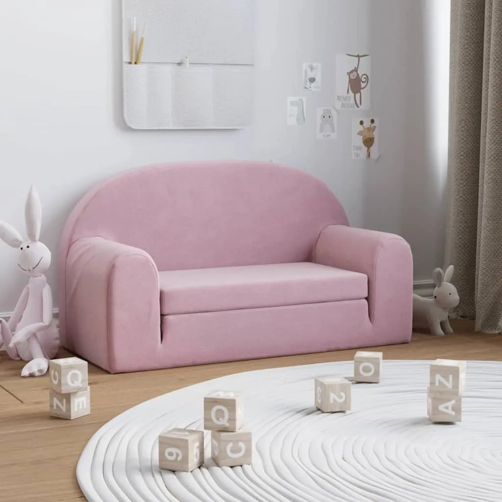 Sofá-cama infantil de 2 lugares pelúcia macia rosa