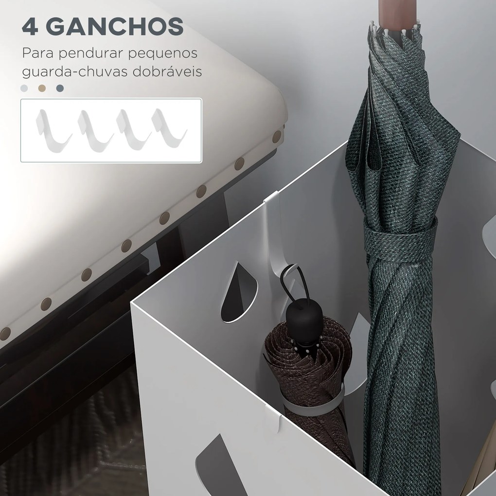 Suporte para Guarda-Chuvas com 4 Ganchos e Bandeja de Gotejamento Amovível Porta Guarda-Chuvas 15,5x15,5x41 cm Branco