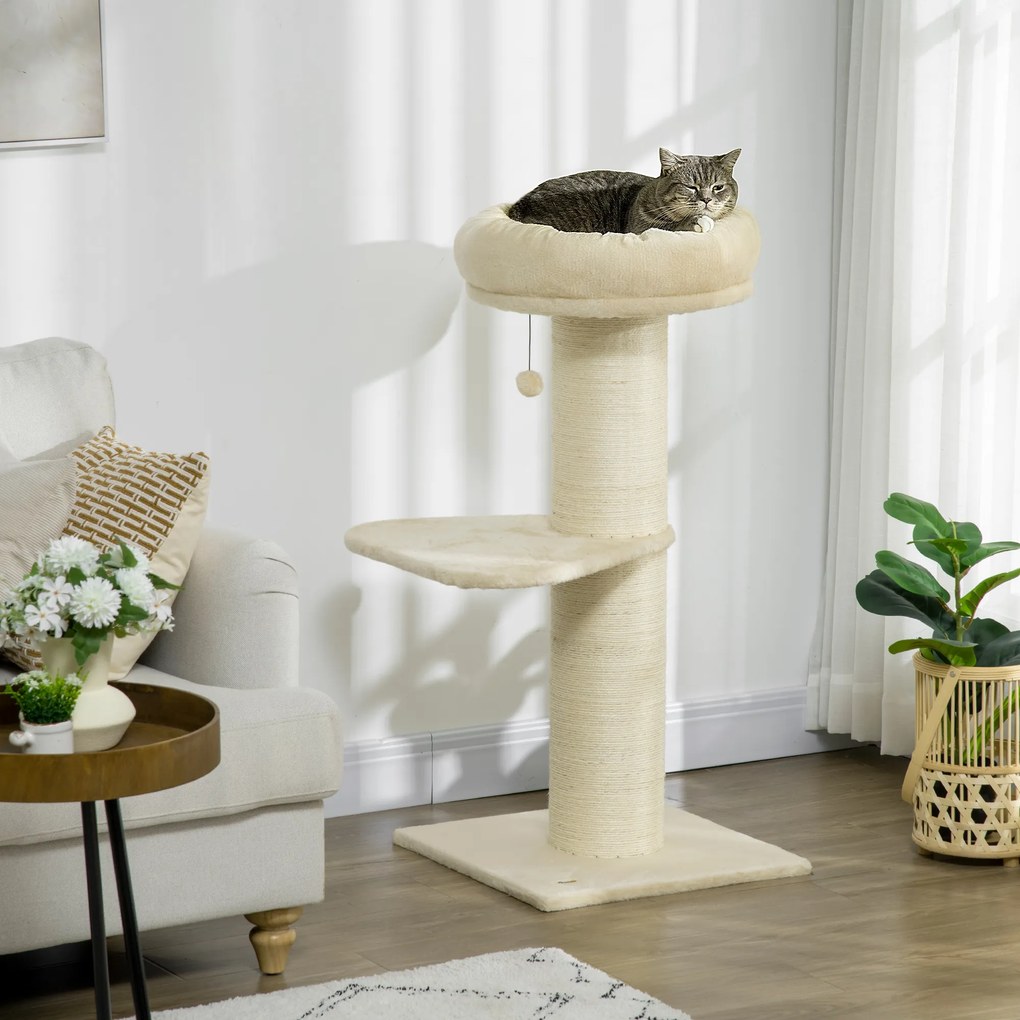 Arranhador para gatos com arranhador de sisal natural, 2 plataformas, cesto de observação, brinquedo com bola suspensa e peluche bege
