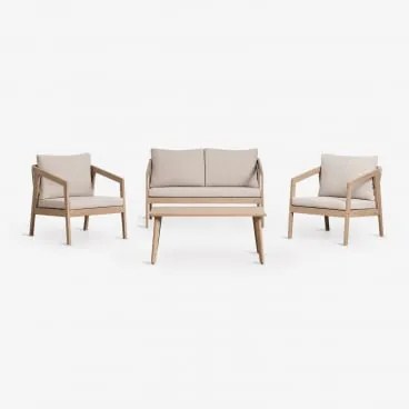 Conjunto De Jardim Com Sofá De 2 Lugares, 2 Poltronas E Mesa De Centro Em Madeira De Acácia E Corda Trançada Kaela Marrom Acácia Claro & Tecido Castan