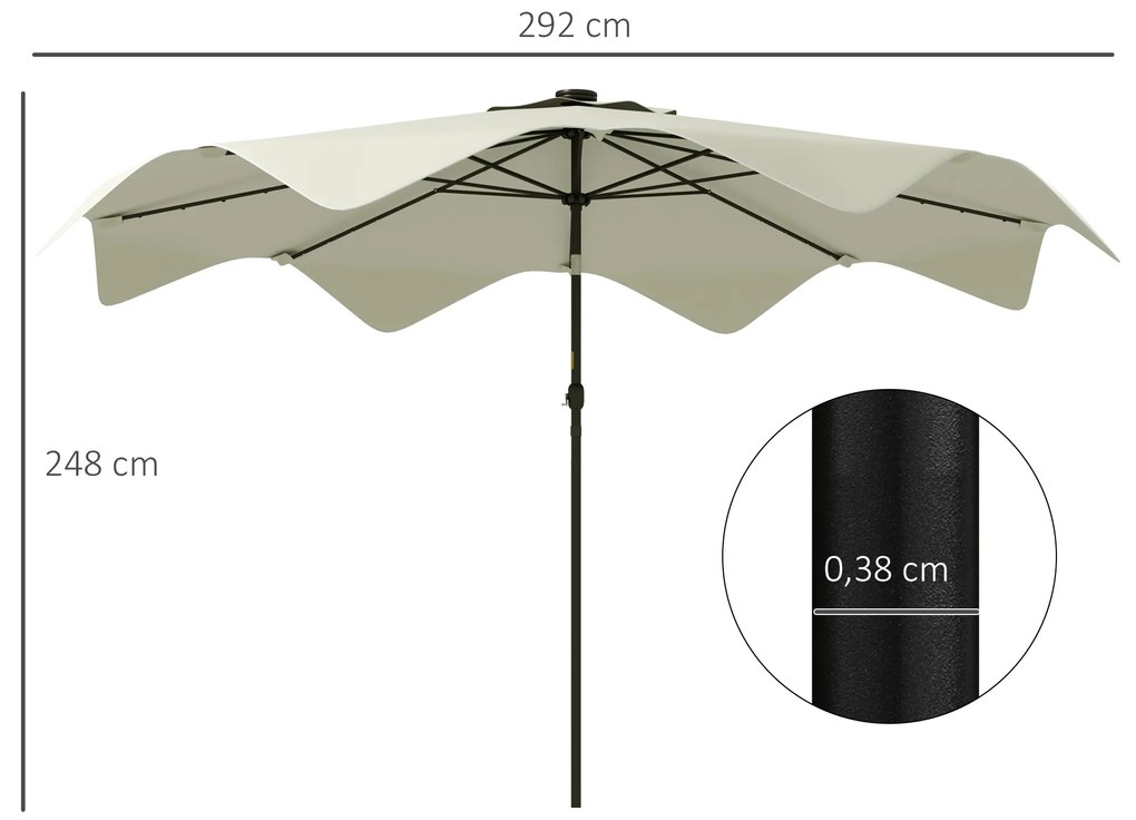 Chapéu de Sol de Jardim Ø292x248 cm Chapéu de Sol com Manivela 32 Luzes LED Solares e 8 Hastes Creme