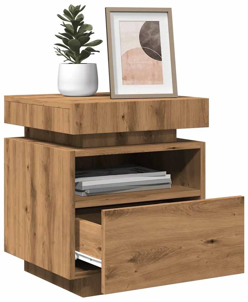 Mesa de cabeceira c/ LEDs 40x39x48,5 cm carvalho artisiano