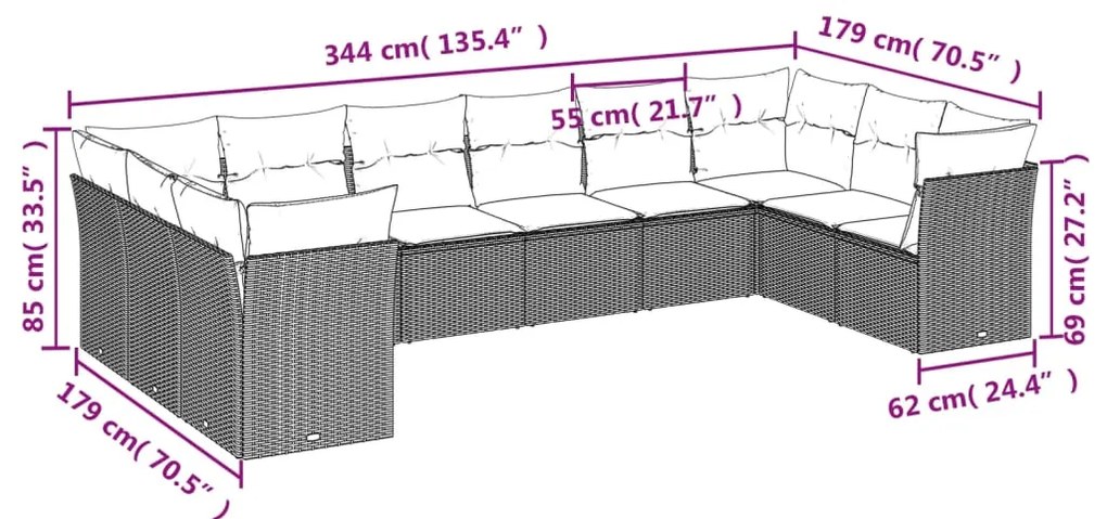 10 pcs conj. sofás jardim com almofadões vime PE cinzento-claro