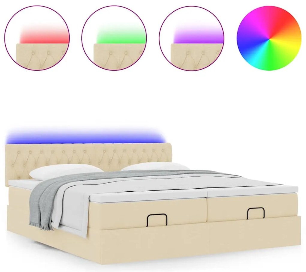 Estrutura de cama otomana com colchões tecido creme 200x200cm