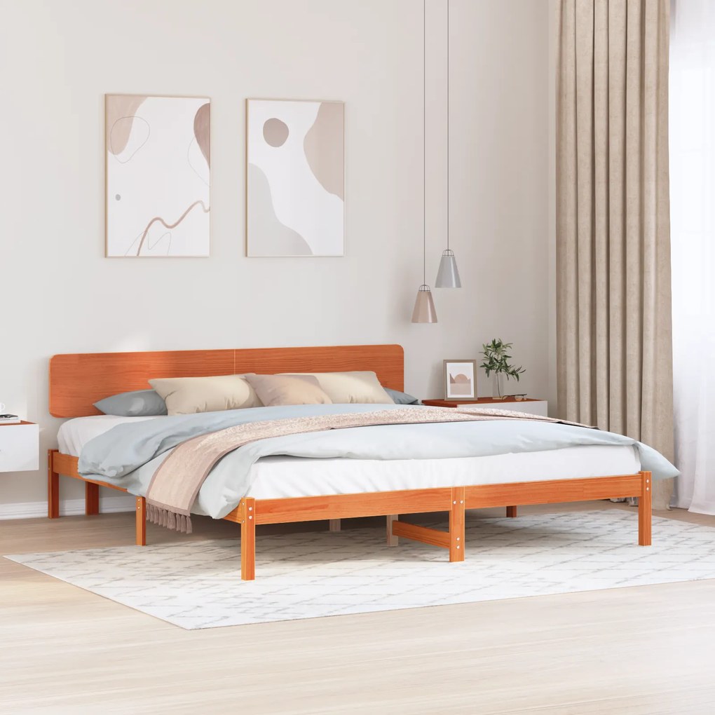 vidaXL Estrado de Cama com Cabeceira Castanho Encerado 180x200 cm Madeira de Pinho Maciça