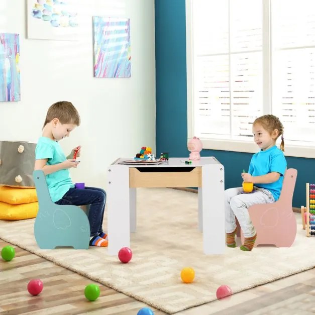 Conjunto de mesa e 2 cadeiras para crianças Mesa de atividades em madeira 4 em 1 para arte, desenho, leitura e quadro removível Multicolor