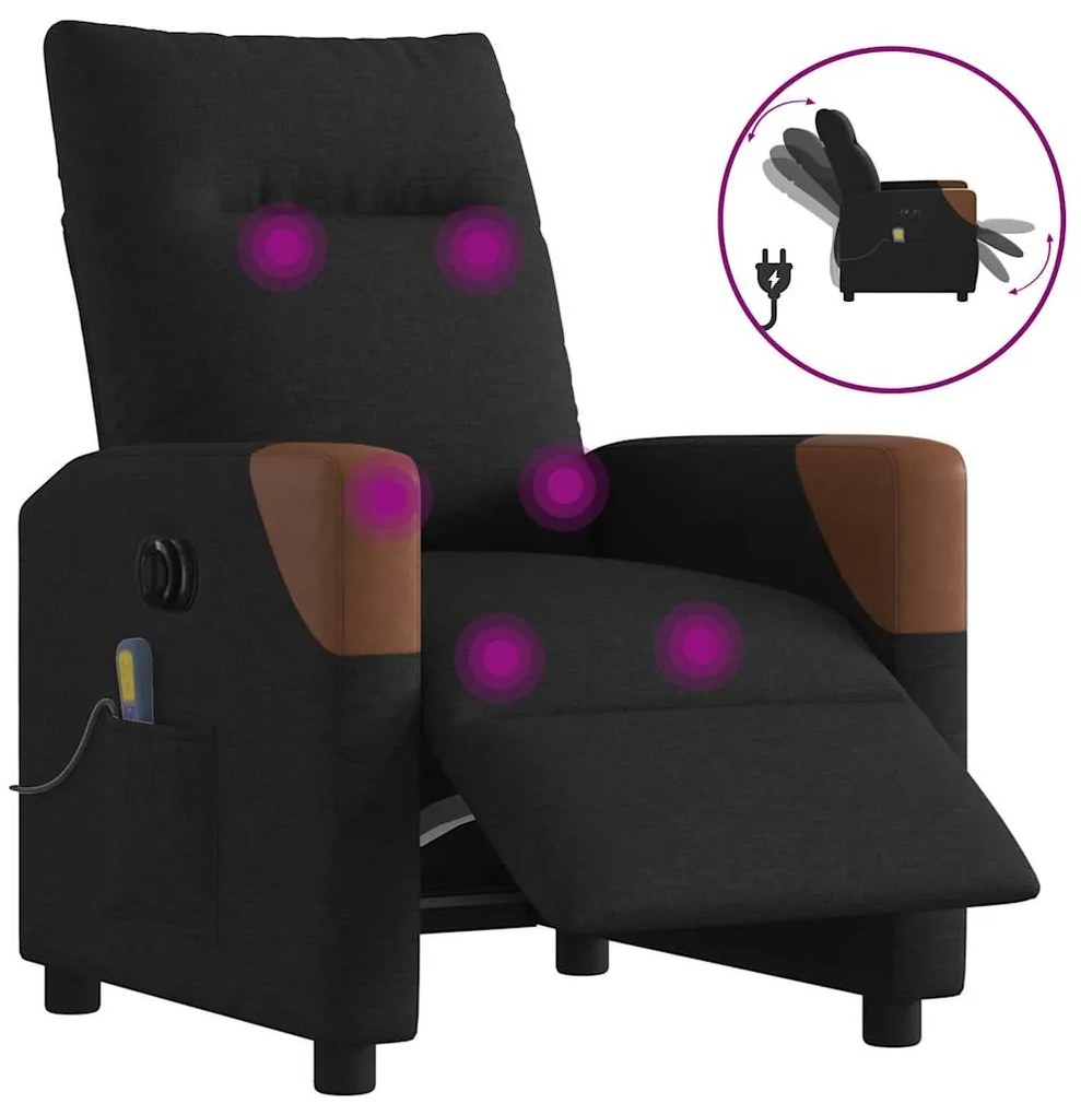 vidaXL Poltrona reclinável de massagens elétrica tecido preto