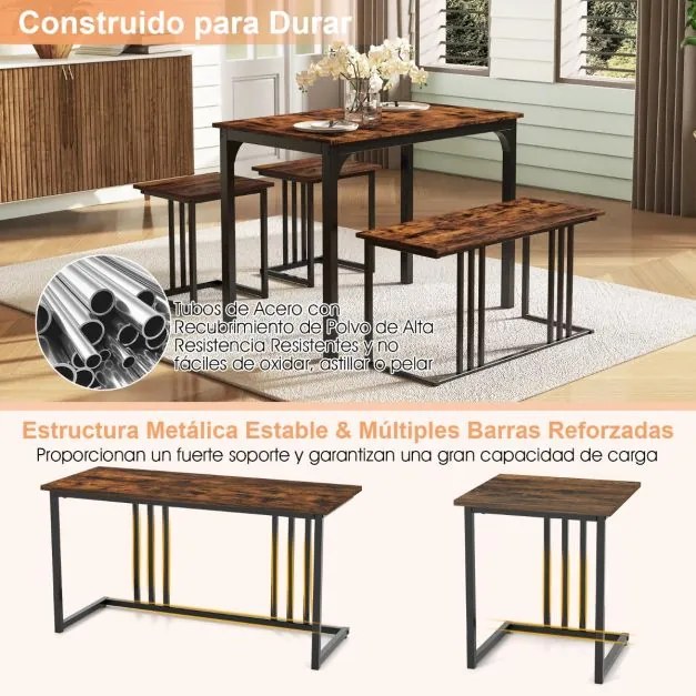 Conjunto de mesa de jantar de 4 peças com banco e 2 bancos com estrutura metálica Conjunto de móveis de cozinha industrial Castanho