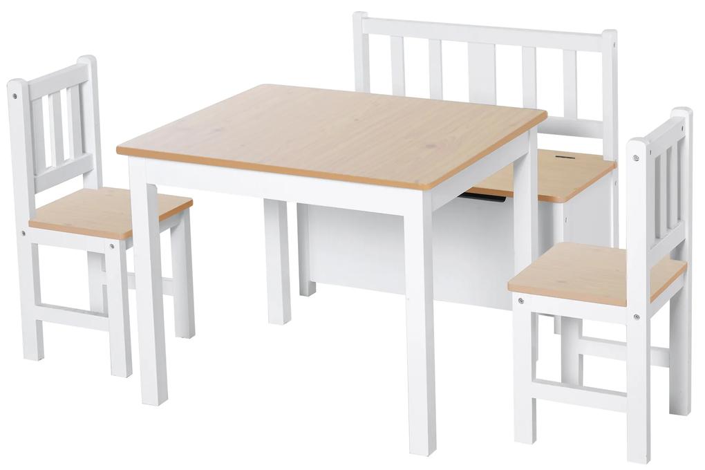 Conjunto Infantil de Mesa 2 Cadeiras e Banco com Armazenamento Móveis Infantil para Sala de Jogos Dormitório Branco e Natural