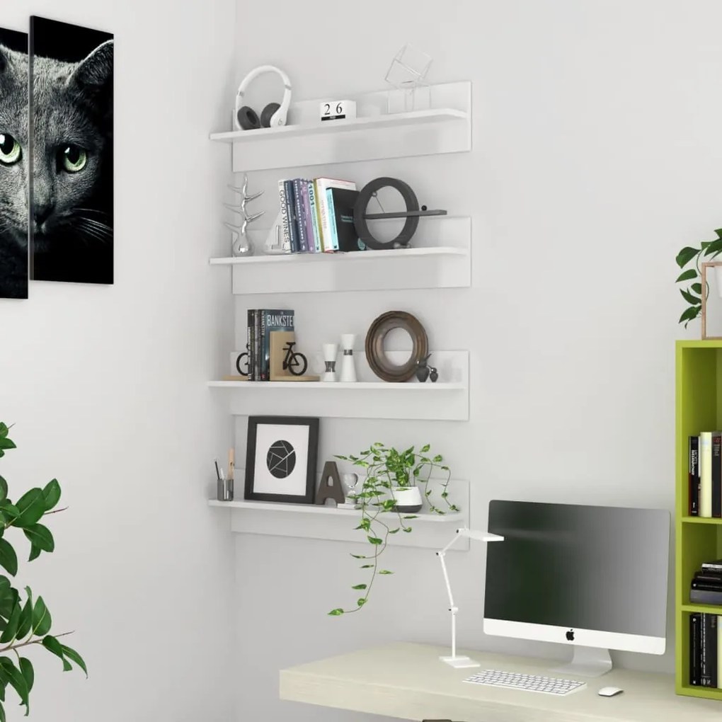 vidaXL Estantes de parede 4pcs 80x11,5x18cm contrapl. branco brilhante