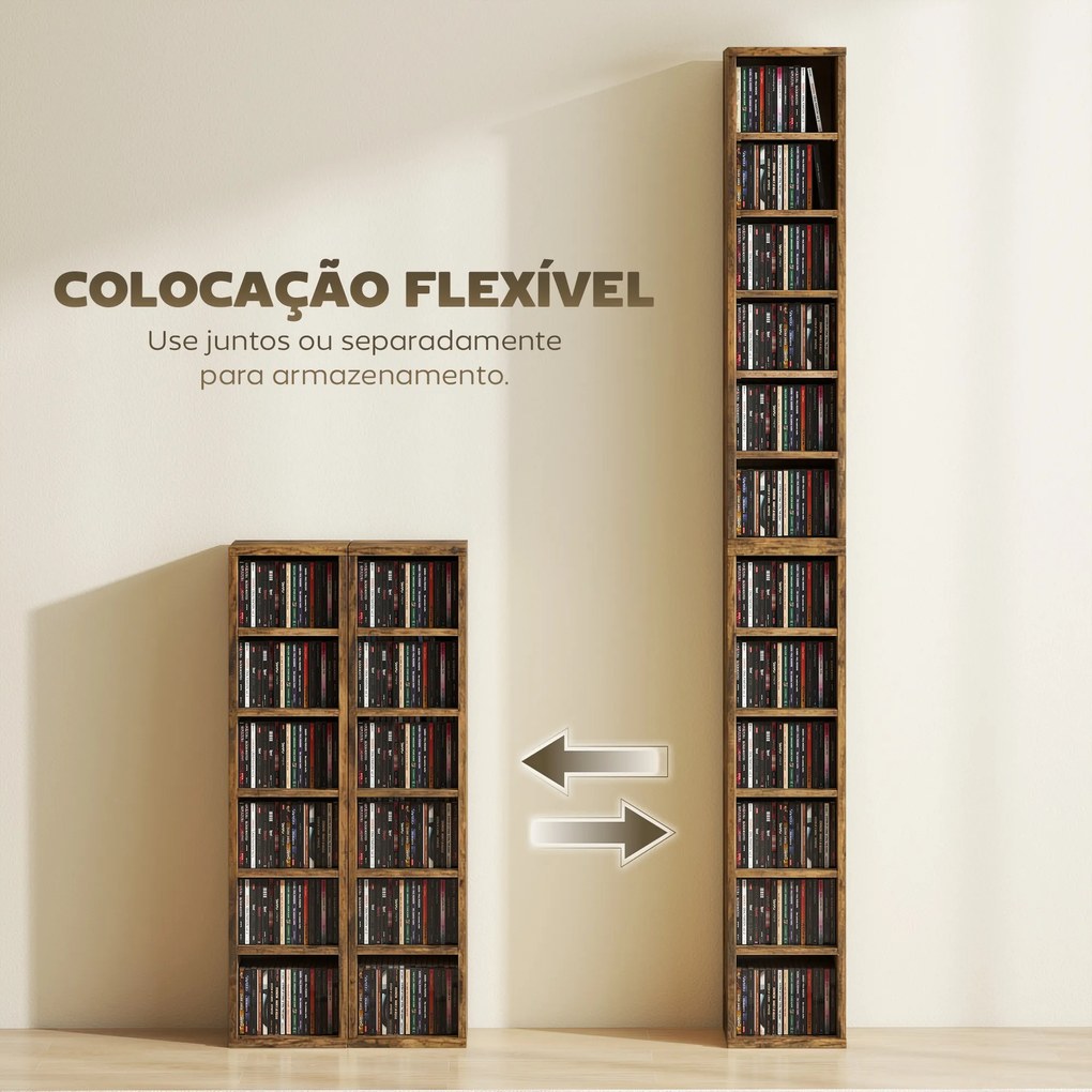 Conjunto de 2 Estantes para CDs e DVDs com 12 Compartimentos Prateleiras Ajustáveis 21x22,5x88,5 cm Castanho Rústico