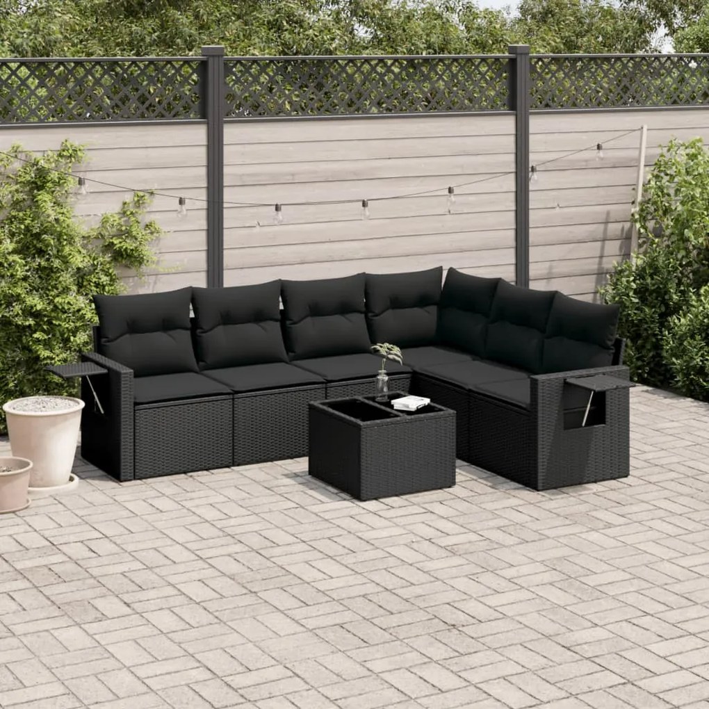 7 pcs conjunto de sofás p/ jardim c/ almofadões vime PE preto