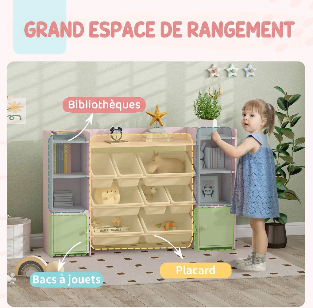 Móvel de Arrumação Infantil, 140 x 30 x 90 cm, com 8 Caixas Amovíveis, Cor-de-Rosa
