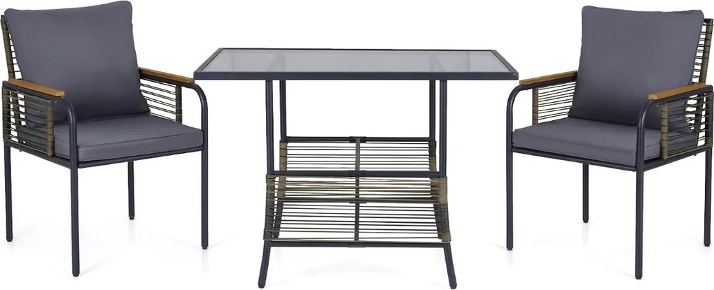 Conjunto Jardim de 3 peças de vime com almofadas, mesa retangular e cadeiras para varanda ou jardim castanho e cinza escuro