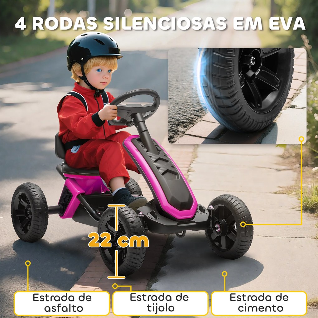 Kart Pedais Kart com Rodas Antiderrapantes de EVA Estrutura Metálica Carga 30 kg para Crianças de 2-5 Anos 85,5x49x57 cm Rosa