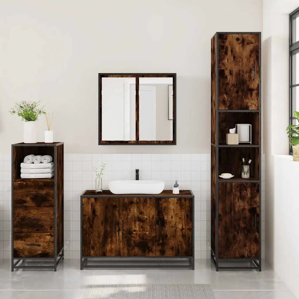 3 pcs conjunto de móveis WC madeira processada carvalho fumado