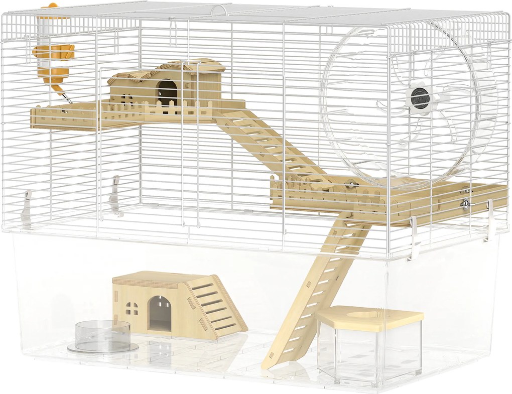 Gaiola para hamsters de 3 níveis, gaiola para roedores com roda de exercício, tabuleiro transparente e fundo, 59 x 35,5 x 47 cm, branca