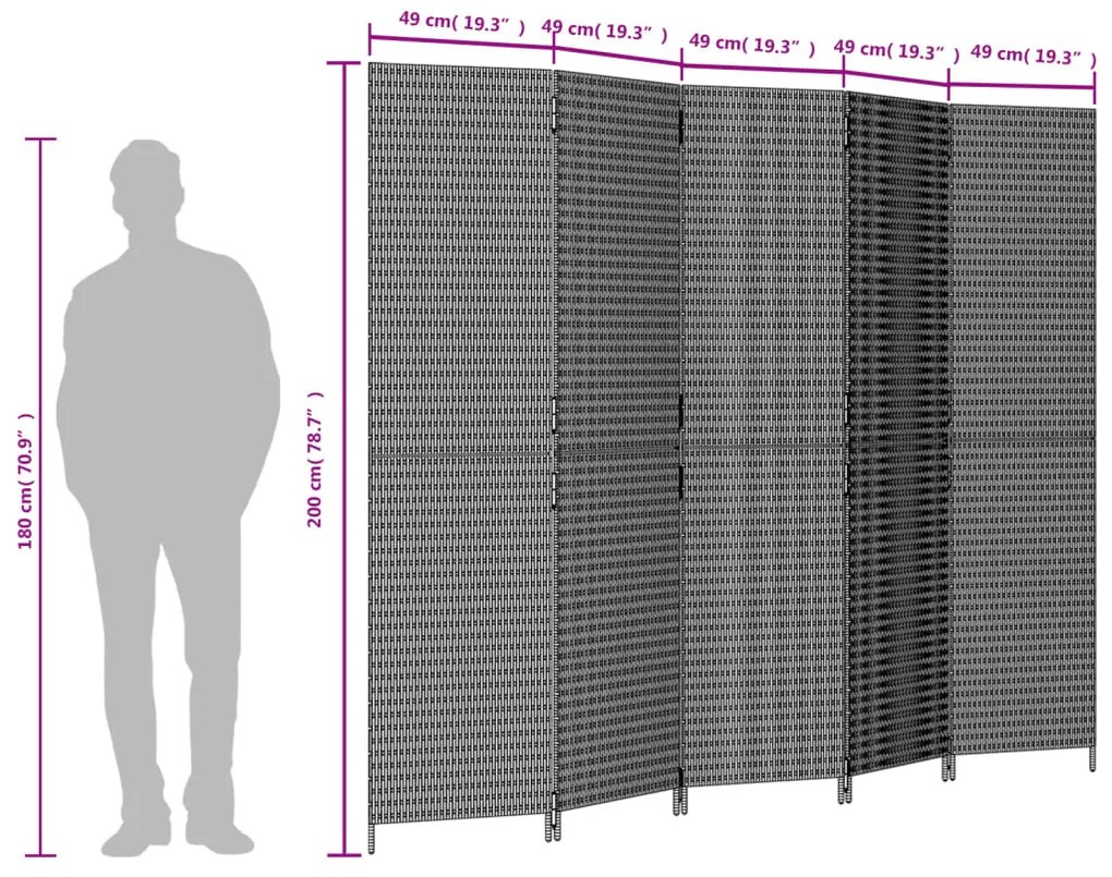 Biombo de divisão 5 painéis vime PE preto