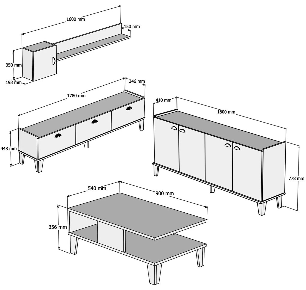 Conjunto de Mobiliário de Sala Sumer – Carvalho Branco – Diversas Medi