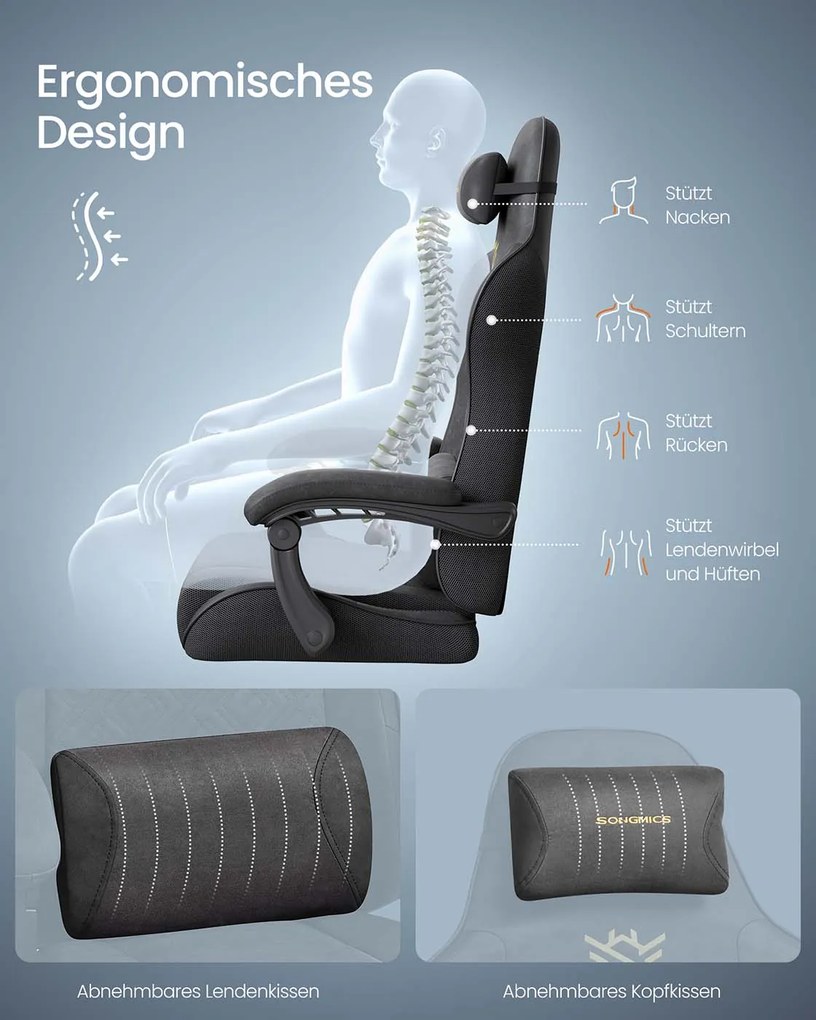 Cadeira ergonómica gaming/escritório com apoio para os pés e almofada de molas Preta