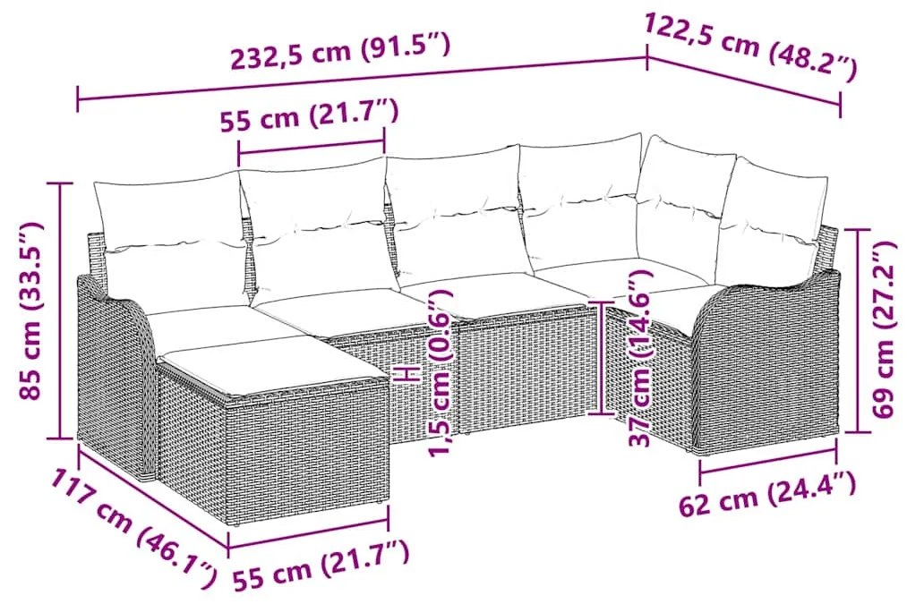 Conjunto de Sofá de Jardim com 6 Peças e Almofadas Cinzentas de Rattan