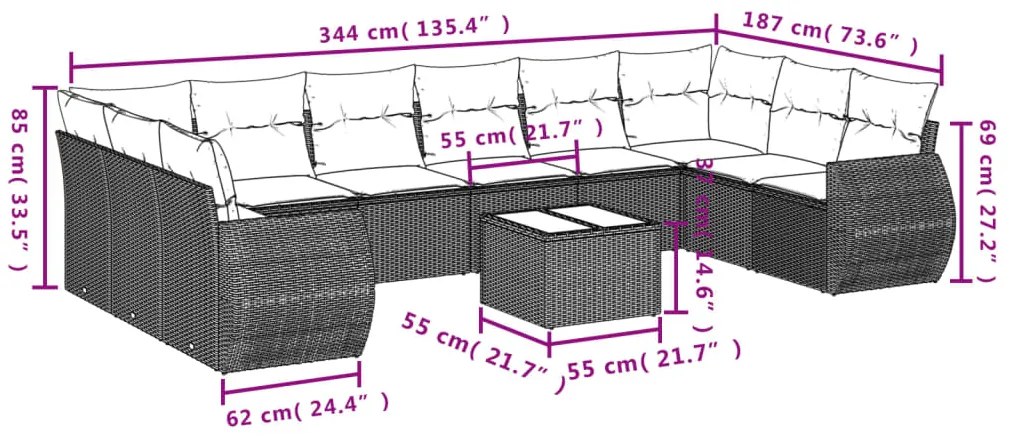 10 pcs conjunto de sofás p/ jardim com almofadões vime PE bege